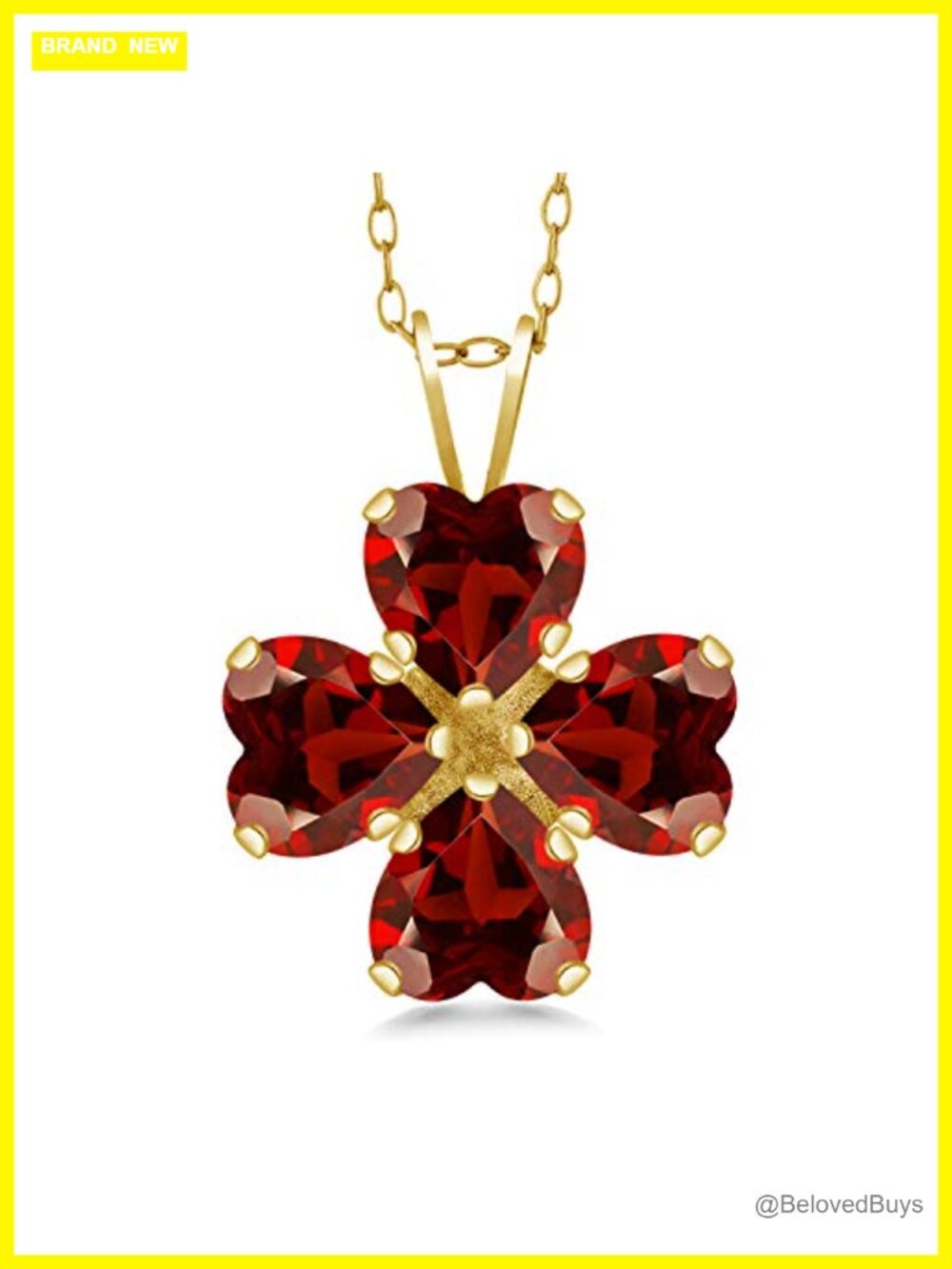 4 Heart Garnet Pendant Necklace 18K Yellow Gold Plated Silver 18 Inch Chain